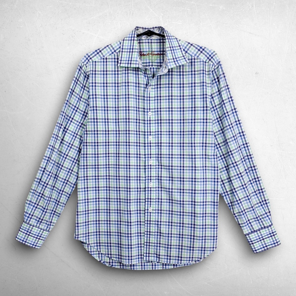 Robert Graham Flip Cuff Button Down Shirt Mens Size M Blue Green Plaid Preppy